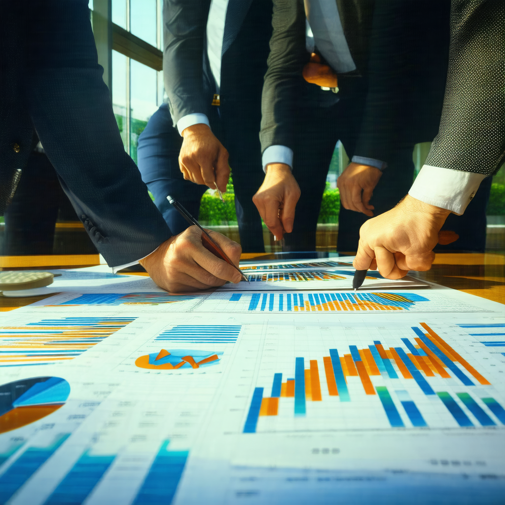 Group of businessmen gathered around a large whiteboard, ...
