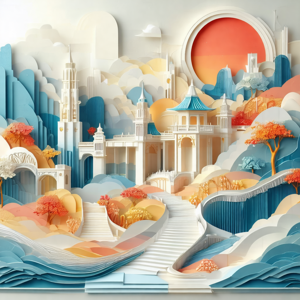 Large, intricate, and colorful paper cutout of a cityscape