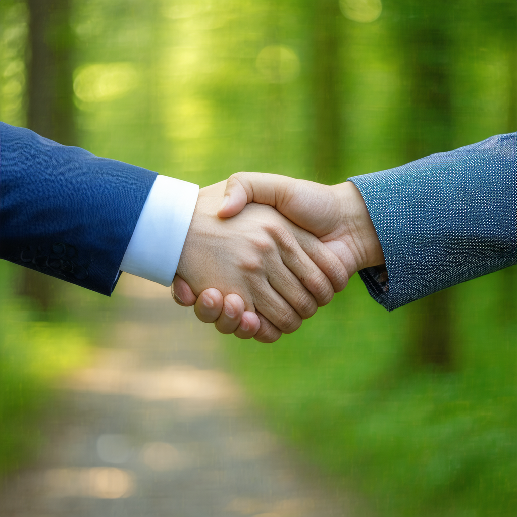Two men shaking hands in a forest setting