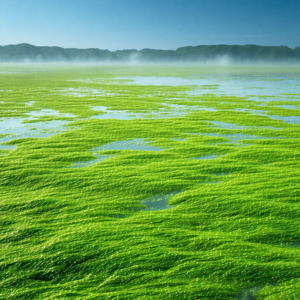 Large body of water with a thick layer of green seaweed f...
