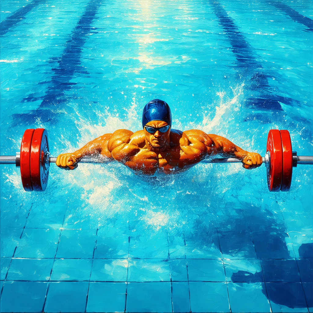 Man in a blue swimsuit, swimming in a pool while holding ...