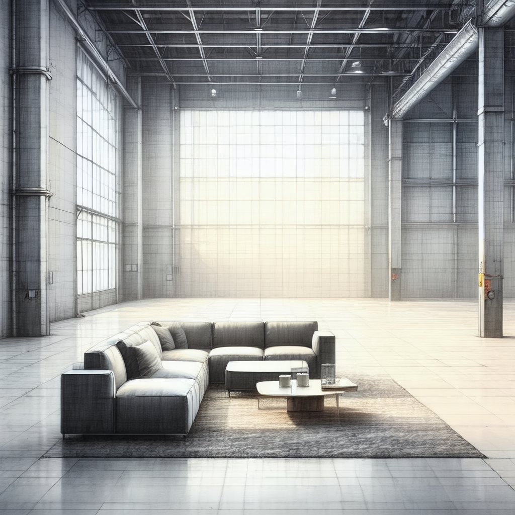 Black and white photo of a large, modern living room