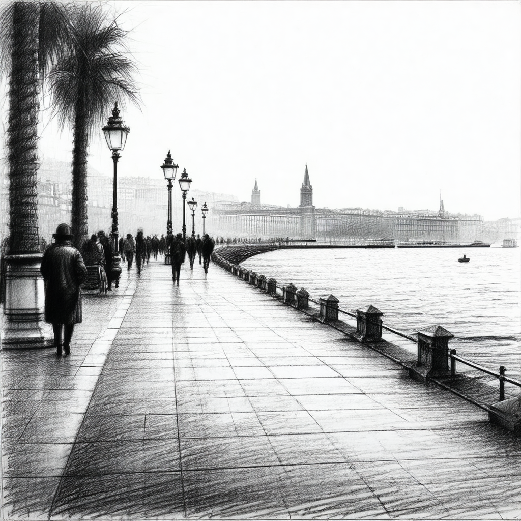 Black and white drawing of a city street with a large bod...