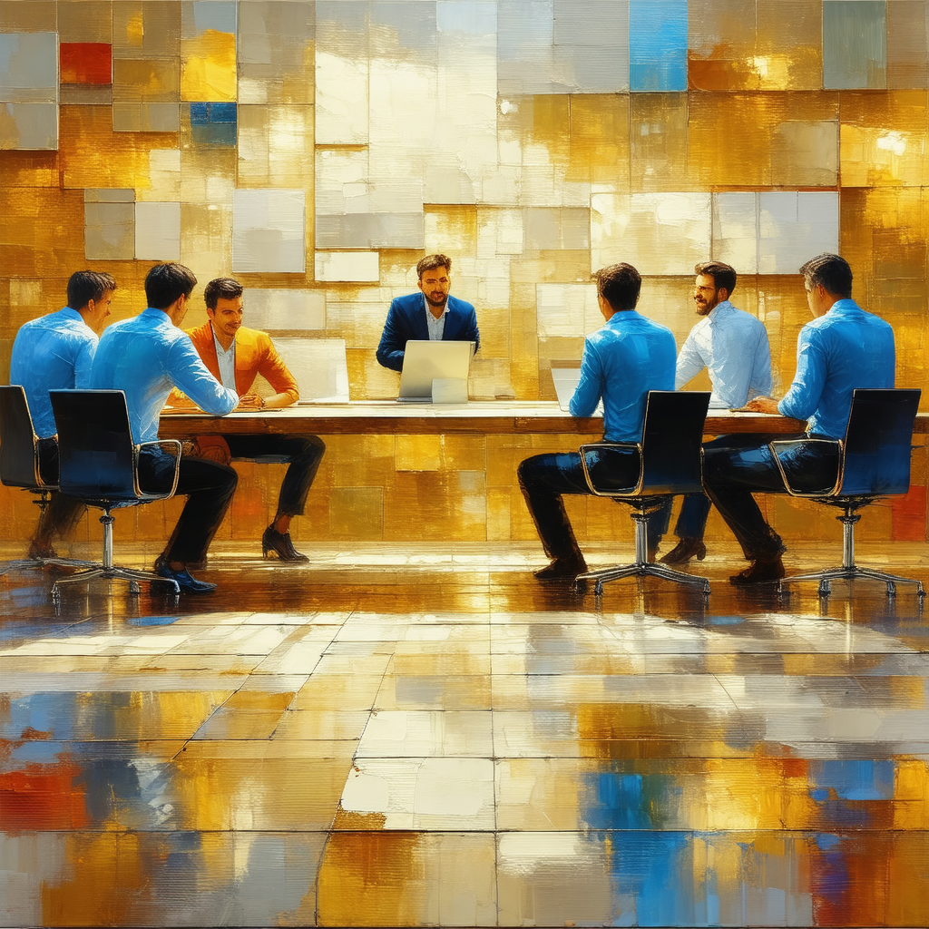 Group of men sitting around a large wooden table, engaged...