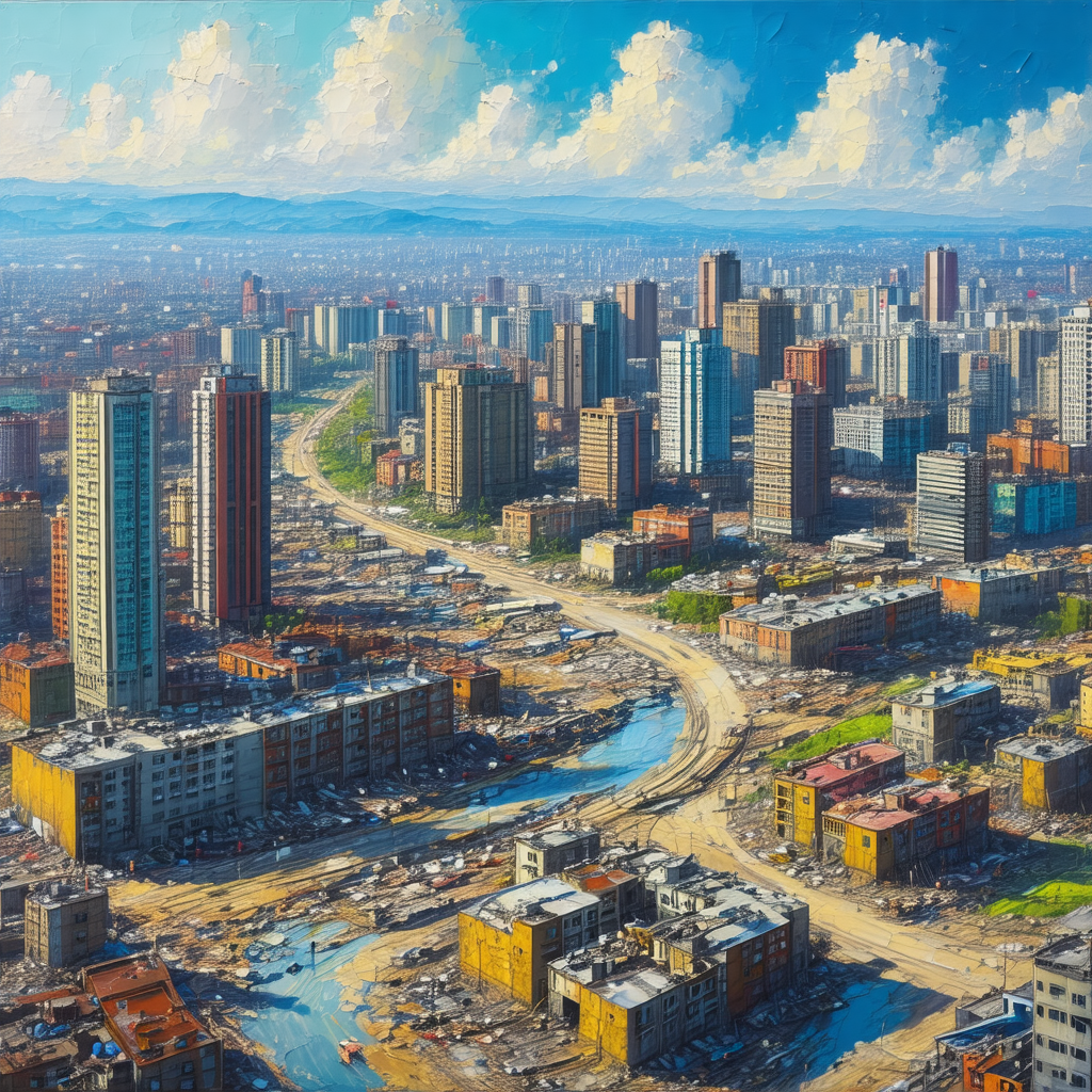 Painting of a city skyline, featuring a large body of wat...