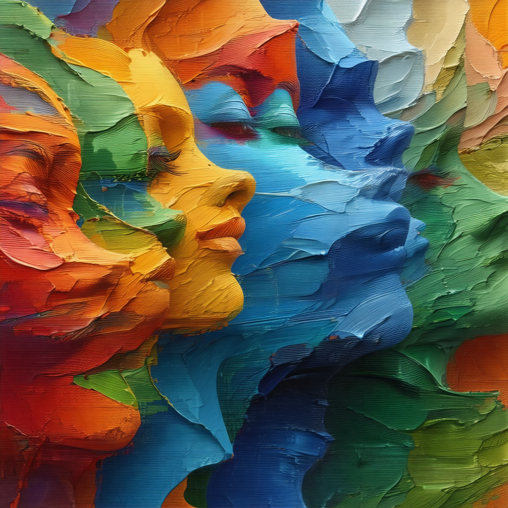 Painting of three faces, each with a different color