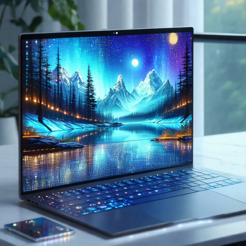 Laptop computer with a beautifully painted mountain scene...
