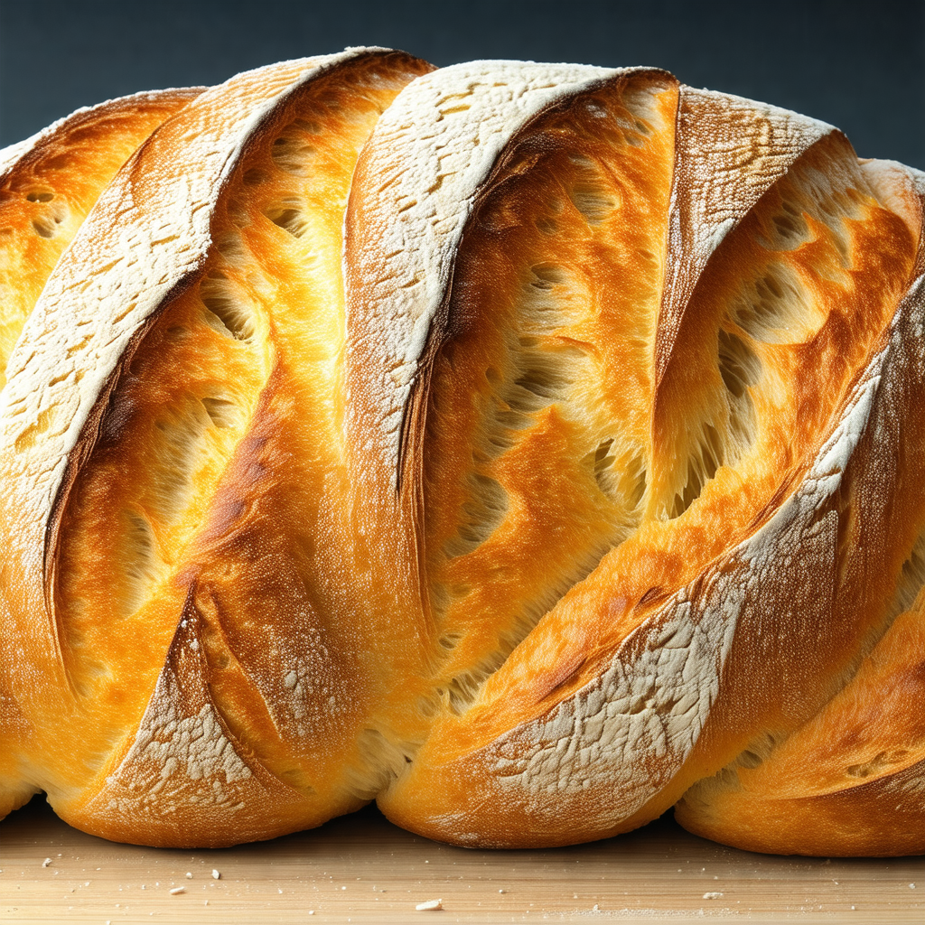 Large loaf of bread, cut into slices, sitting on a wooden...