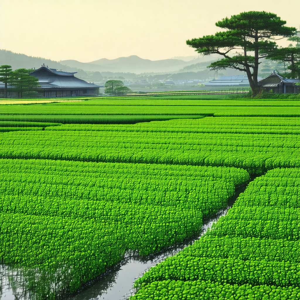 Large, lush green field with a river running through it
