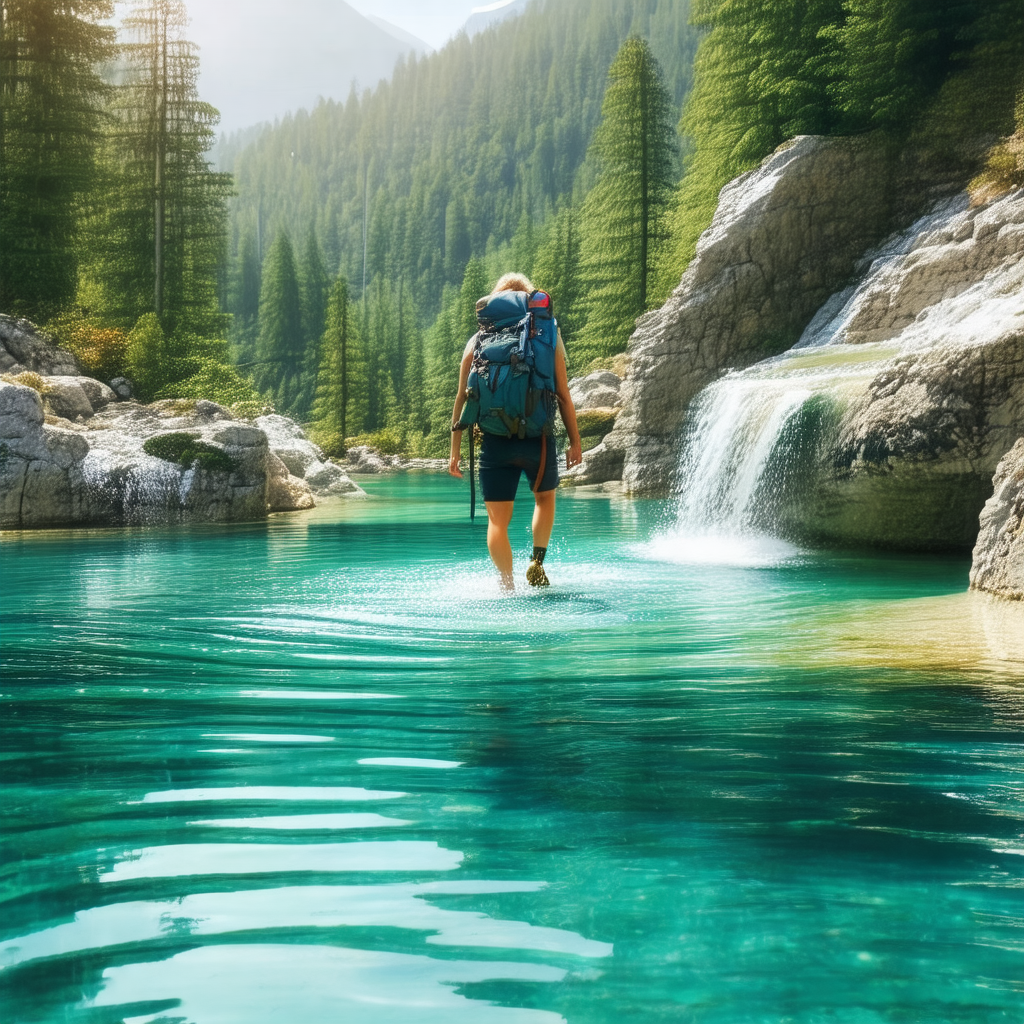 Man walking through a river, carrying a backpack