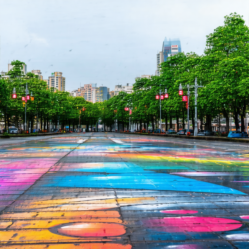 City street with a colorful mural painted on the road
