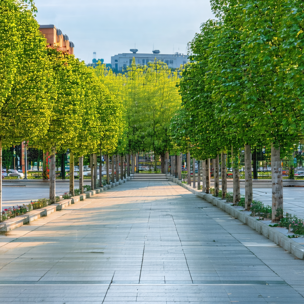 Long, narrow, tree-lined pathway that is lined with trees...