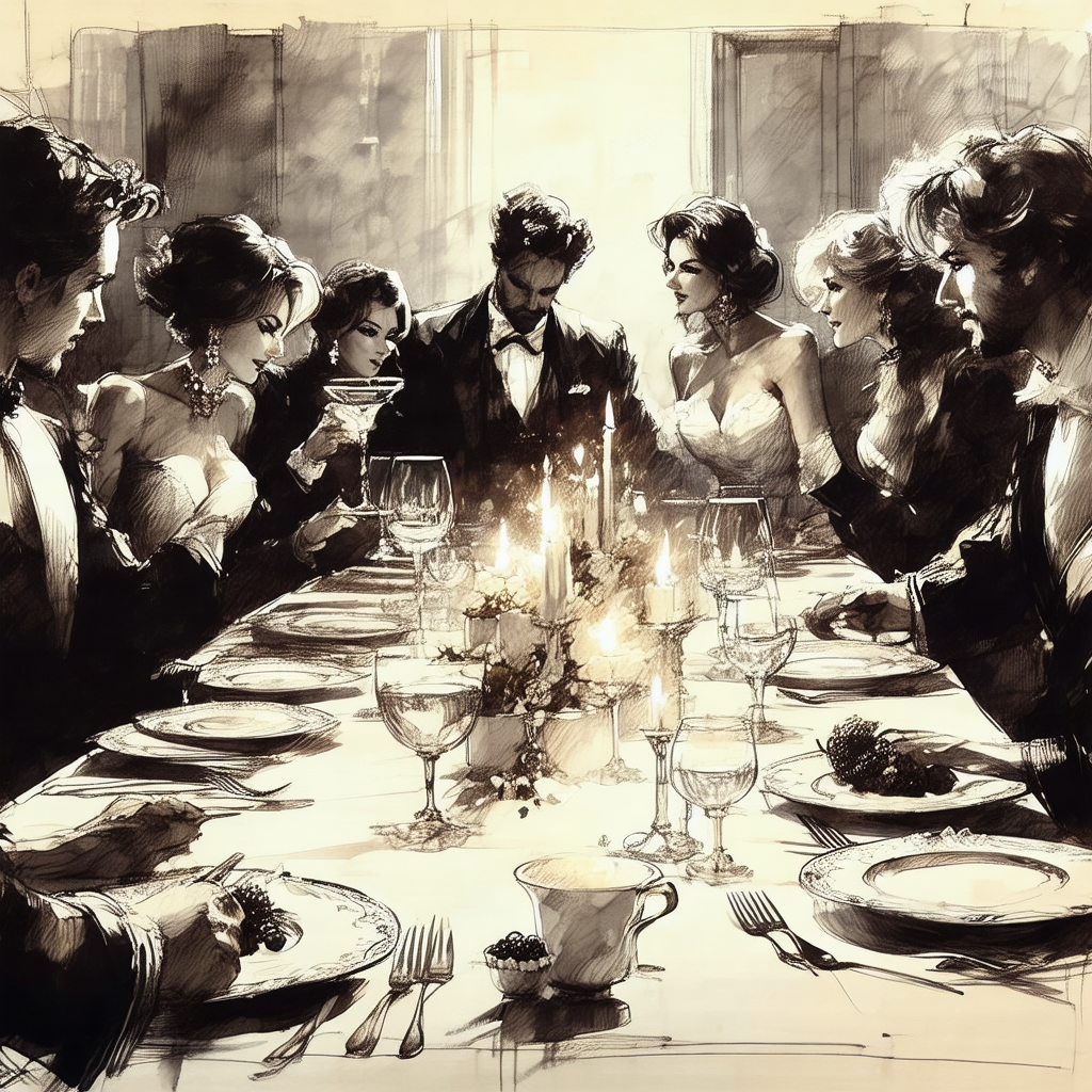 Black and white drawing of a group of people sitting arou...