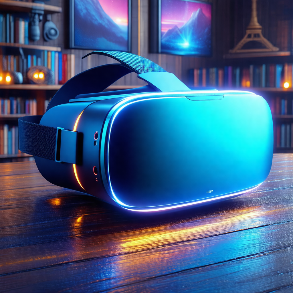 Blue virtual reality headset sitting on a wooden table