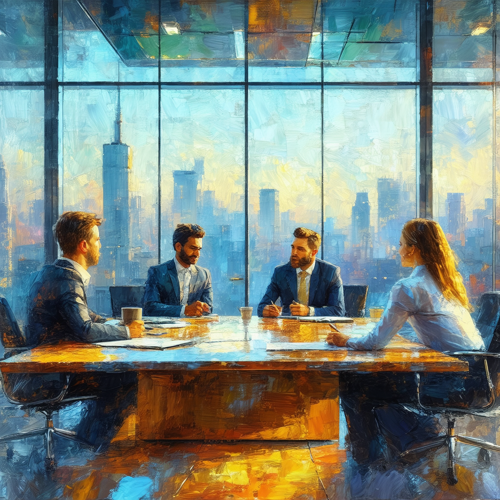Group of four people sitting around a large wooden table ...