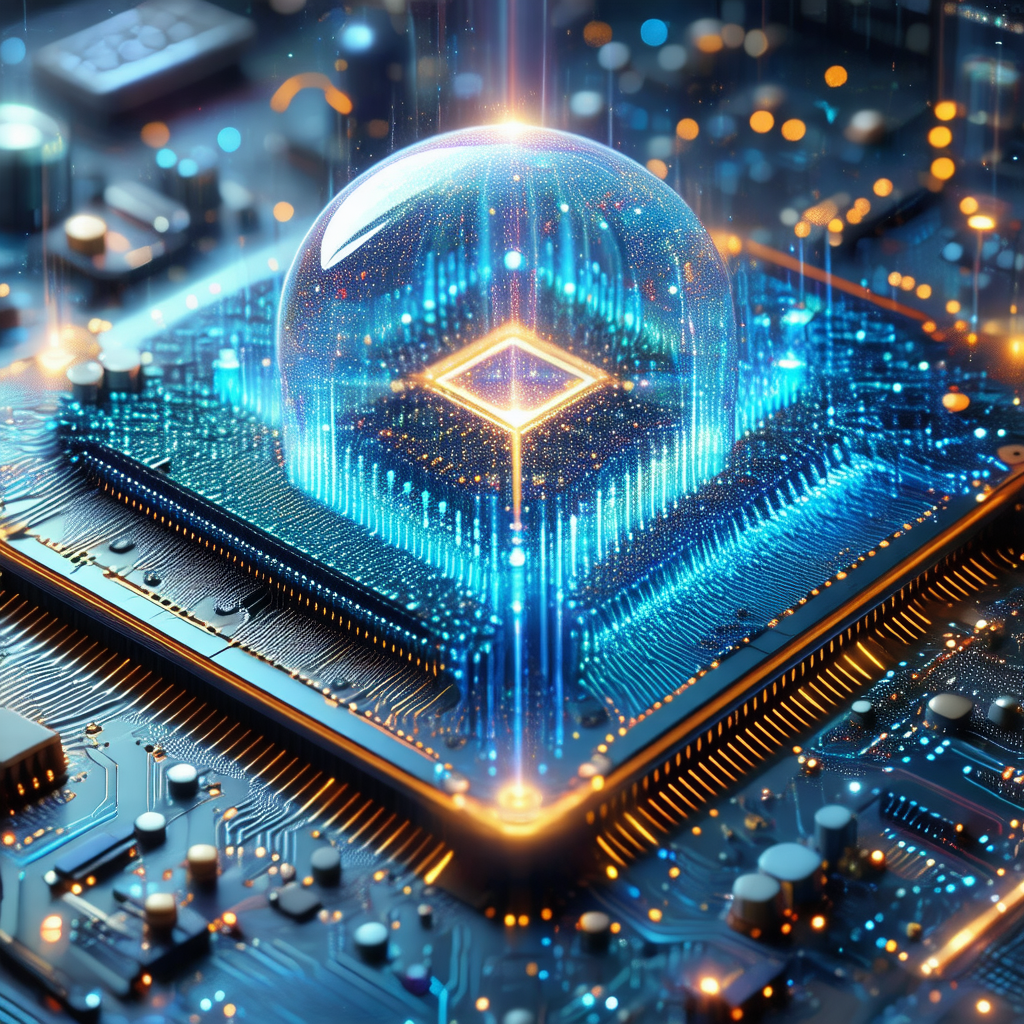 Computer chip with a blue, glowing, three-dimensional cub...