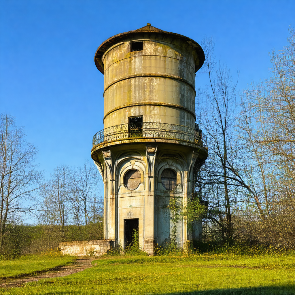 Large, old, and rusty water tower situated in a grassy field