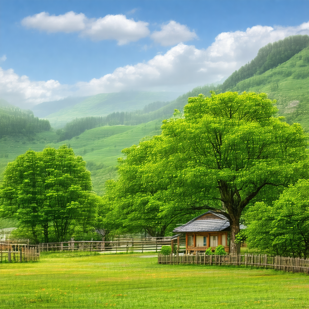 Small wooden house situated in a lush green field