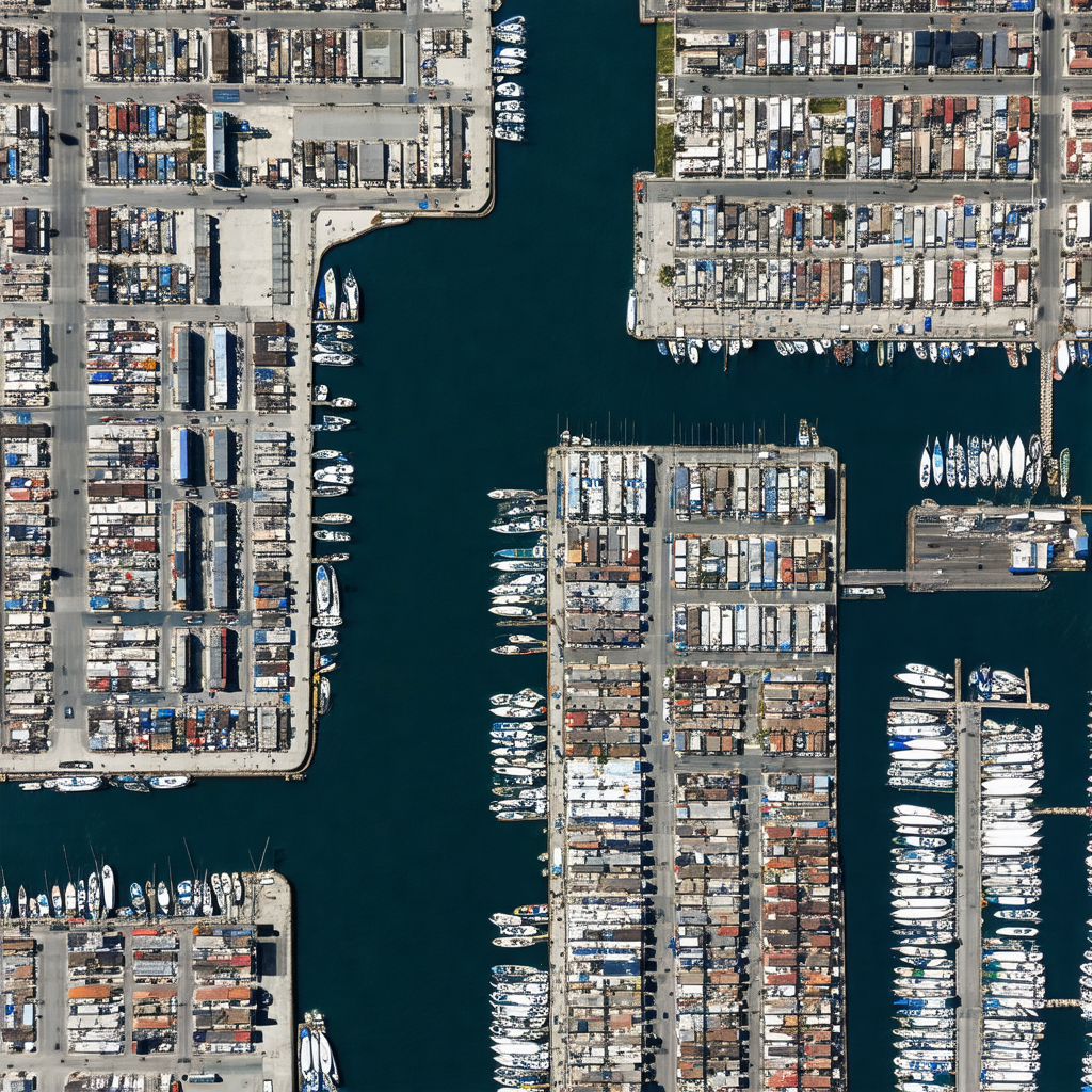 Bird's eye view of a marina filled with numerous boats of...