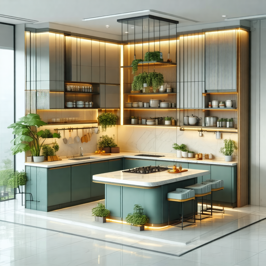 Showcases a large, modern kitchen with a center island