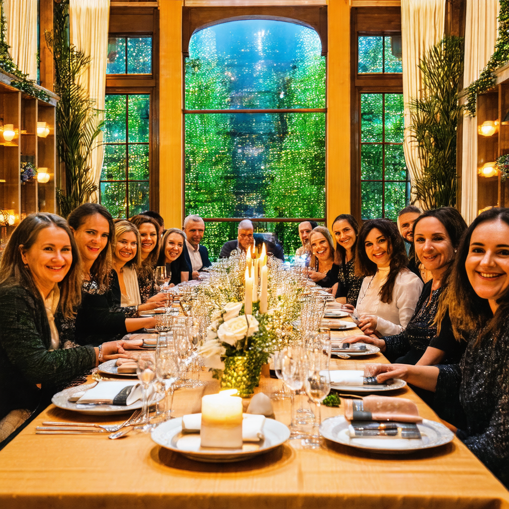 Large group of people gathered around a long dining table...