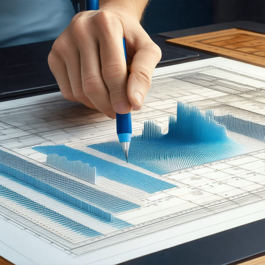 Man is using a blue pen to draw a graph on a piece of paper