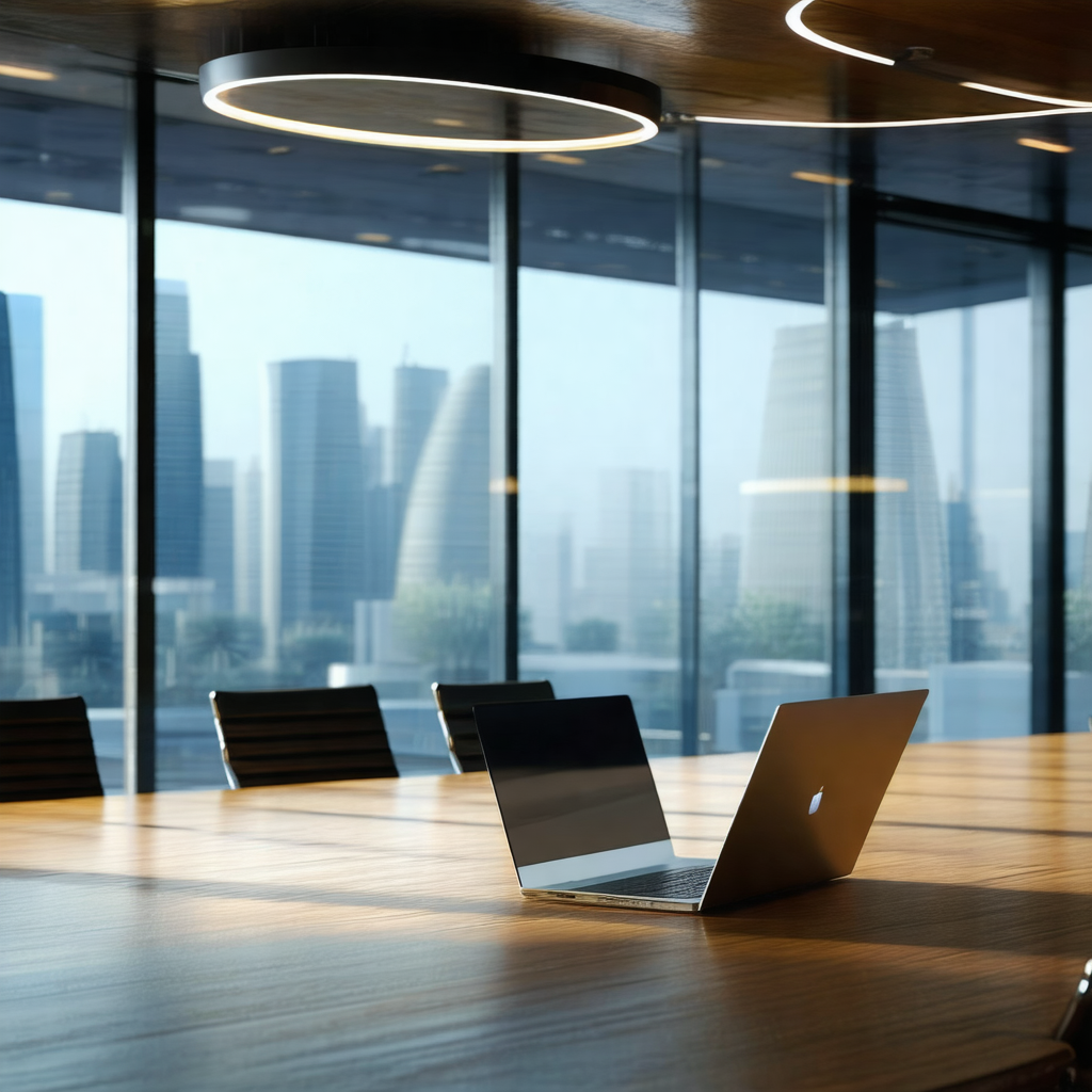 Large, modern office space with a large window that provi...