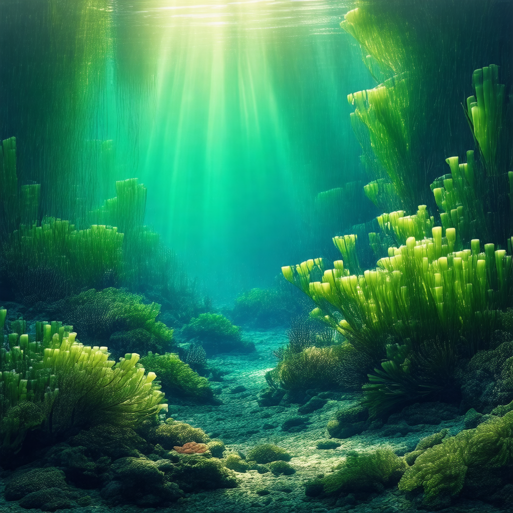 Vibrant underwater scene with a variety of plants and coral