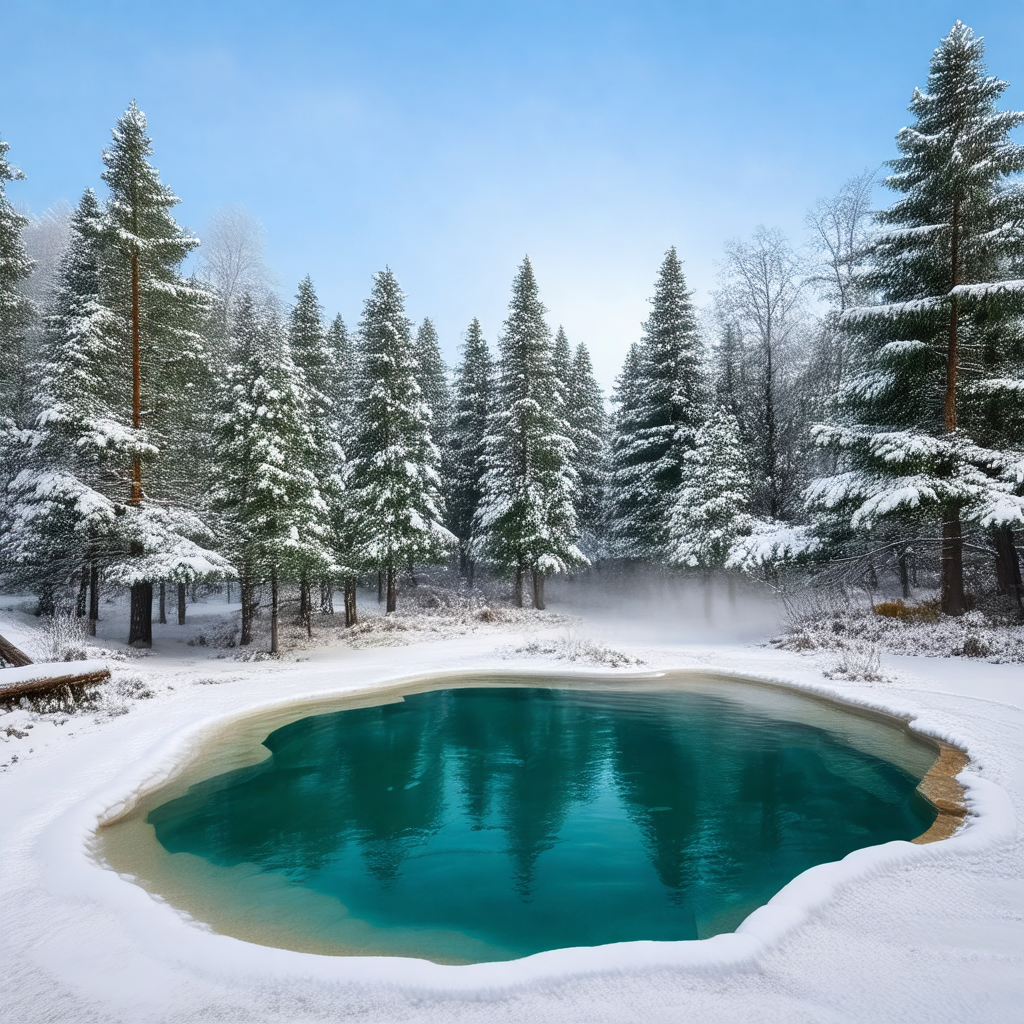 Beautiful, snow-covered forest with a large, round pool o...