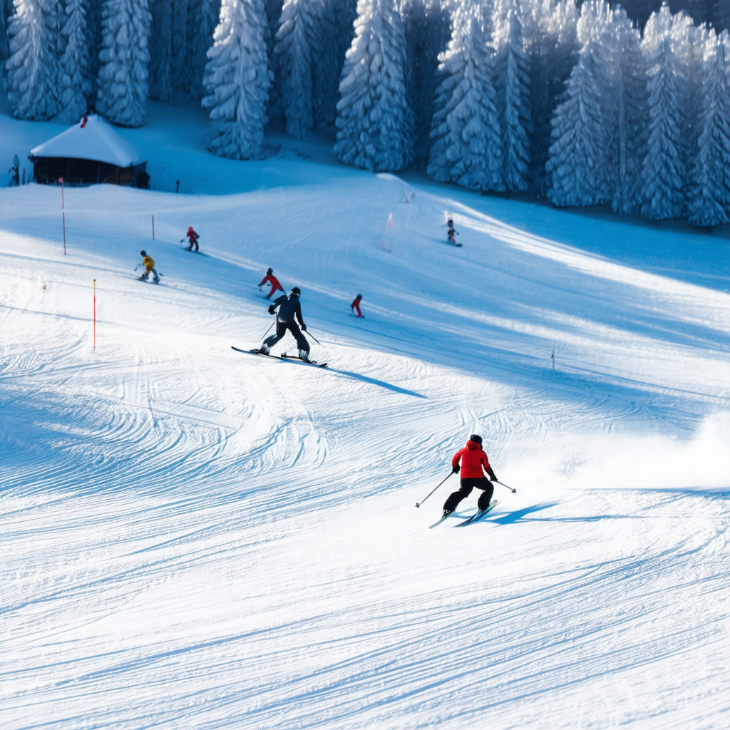 Captures a group of people skiing down a snow-covered slope