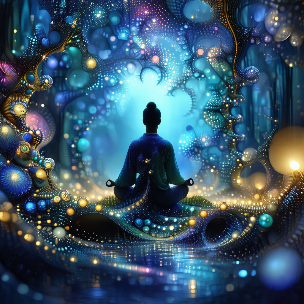 Person sitting in a lotus position, surrounded by a vibra...