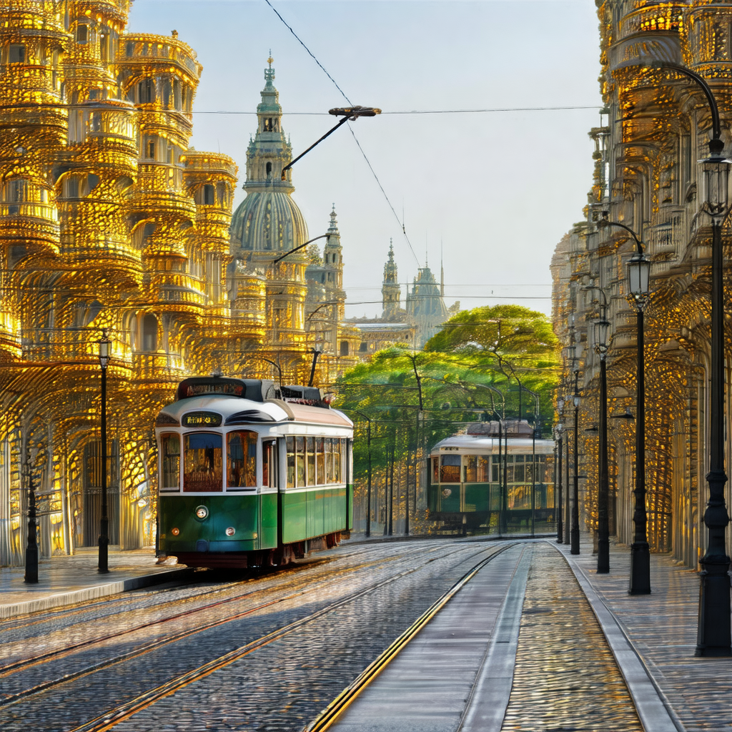Green and red trolley car traveling down a street in a city