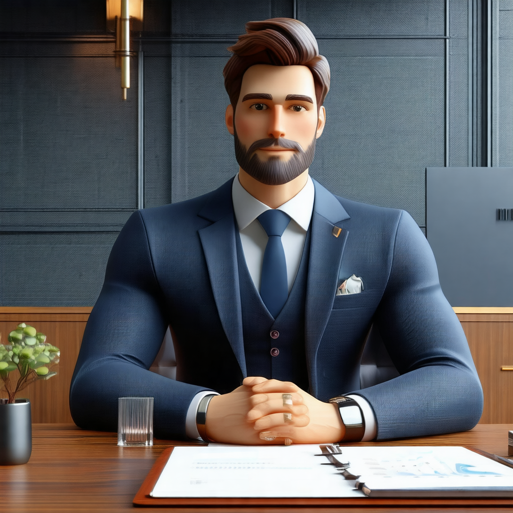 Man wearing a suit and tie, sitting at a desk in an offic...
