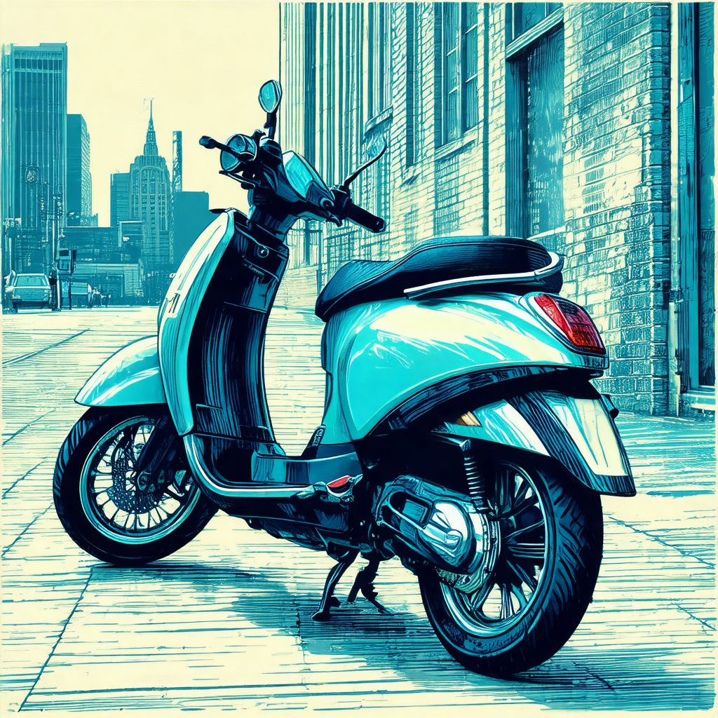 Blue and white drawing of a motorcycle parked on a sidewalk