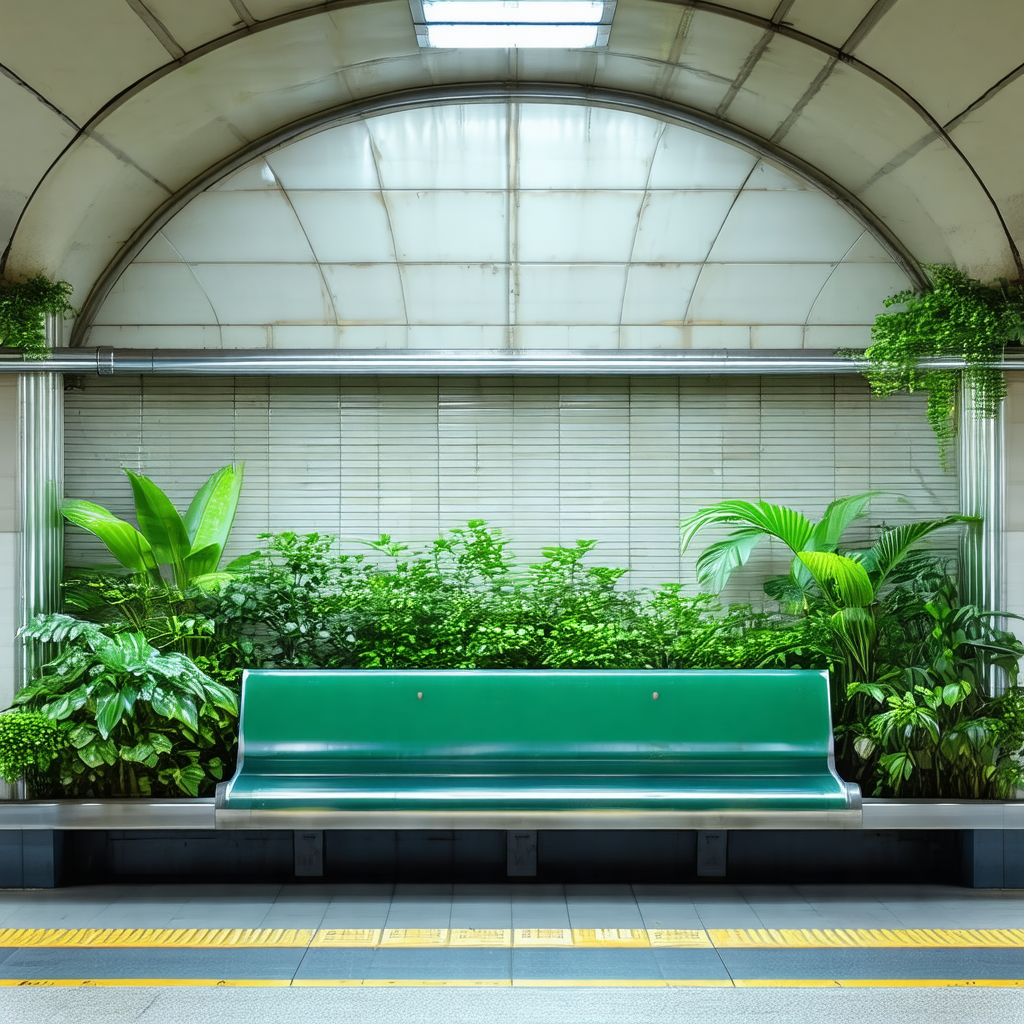 Green bench situated in a subway station