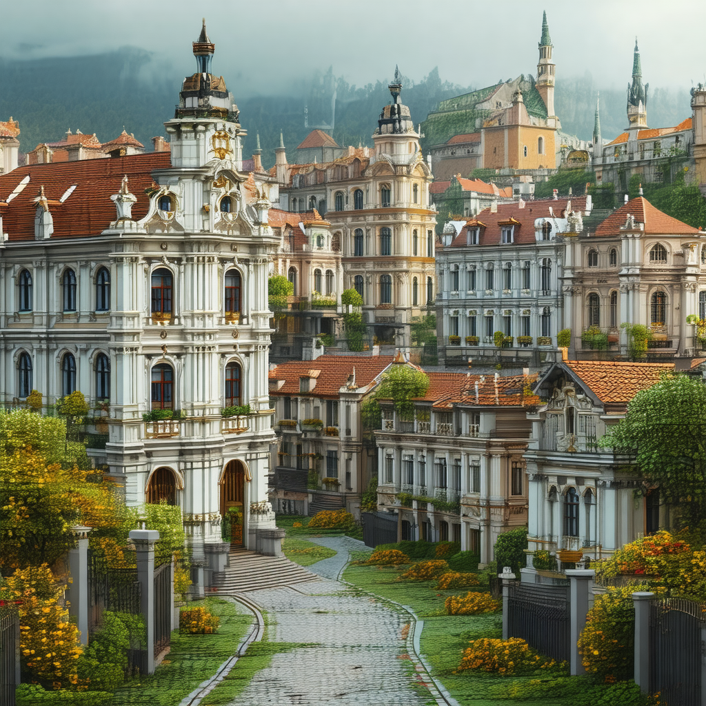 Painting of a city with a large castle in the background