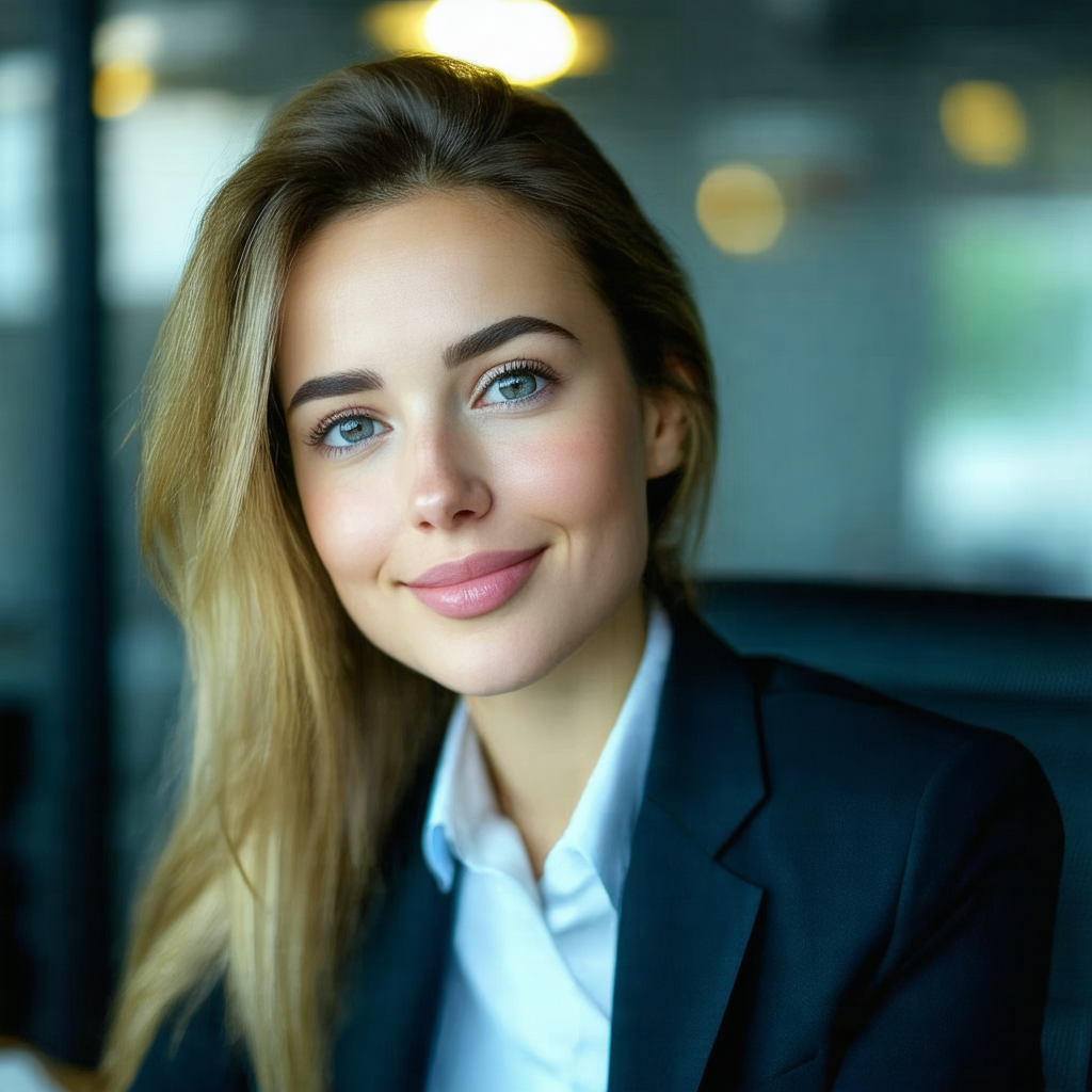 Beautiful young woman wearing a suit and tie, sitting in ...