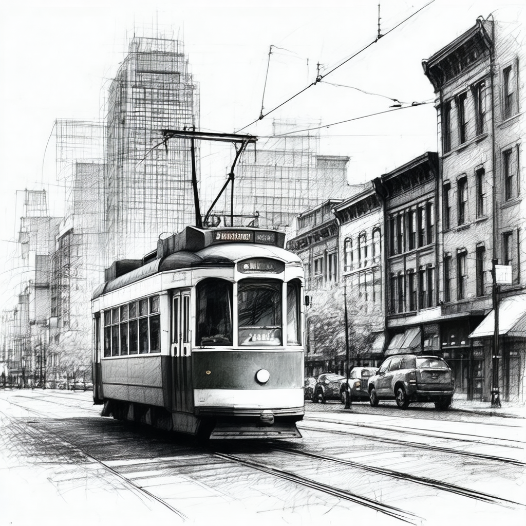 Black and white drawing of a trolley car traveling down a...