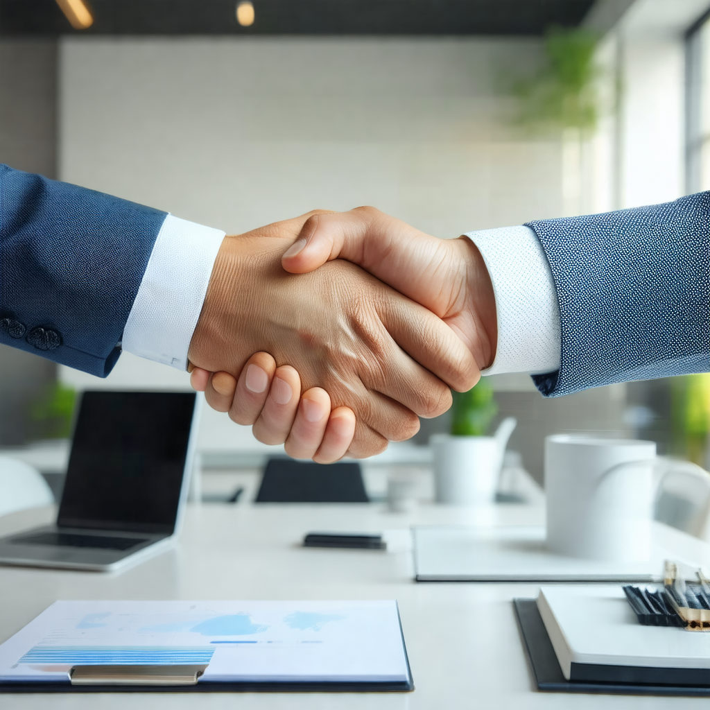 Two men shaking hands in a professional office setting