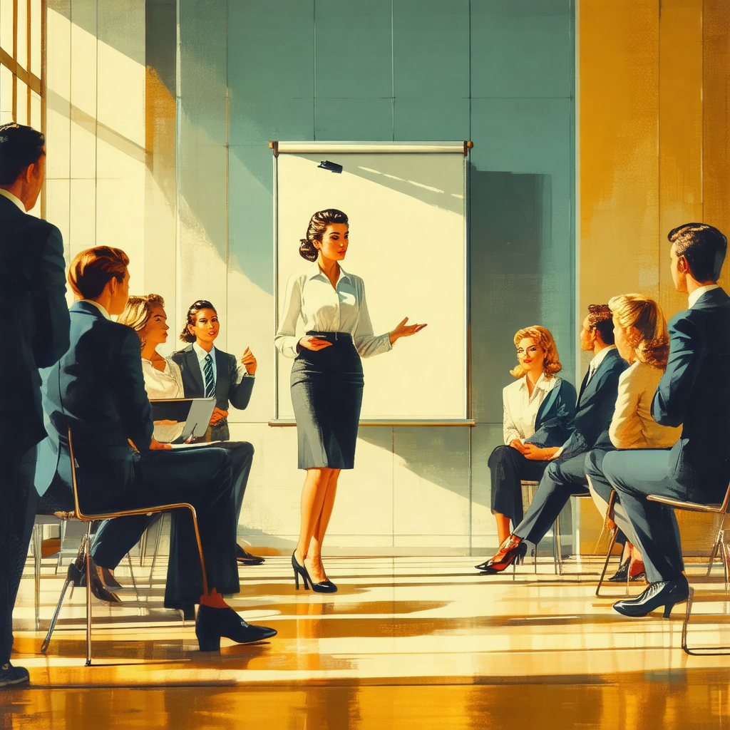 Group of people gathered in a room, with a woman standing...