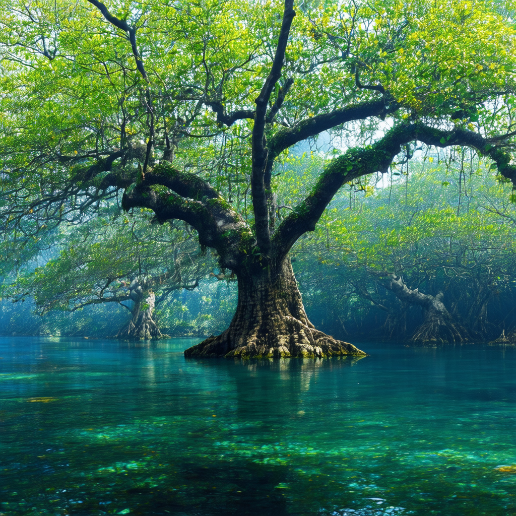 Large tree with a massive trunk, situated in a lush green...
