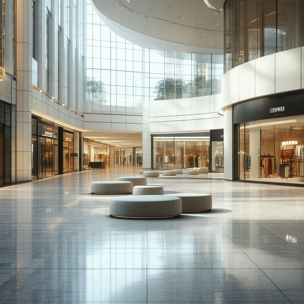 Large, open, and modern shopping mall with a large glass ...