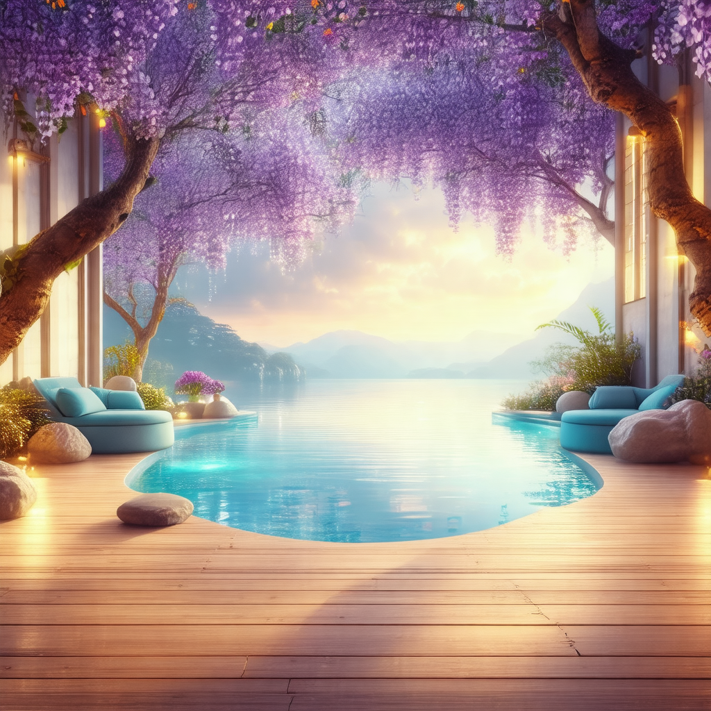 Beautiful outdoor scene with a large swimming pool surrou...