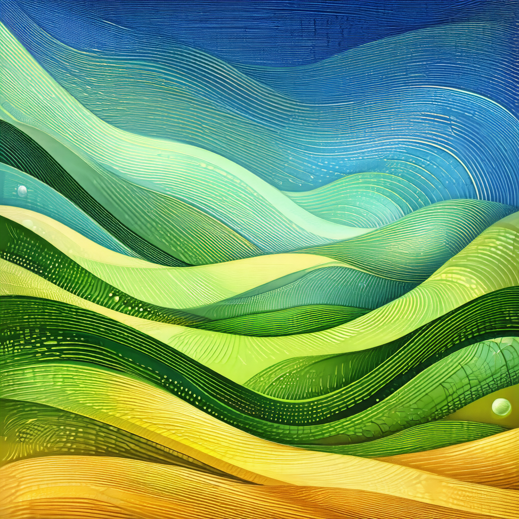 Painting of a lush green hillside with a blue sky above
