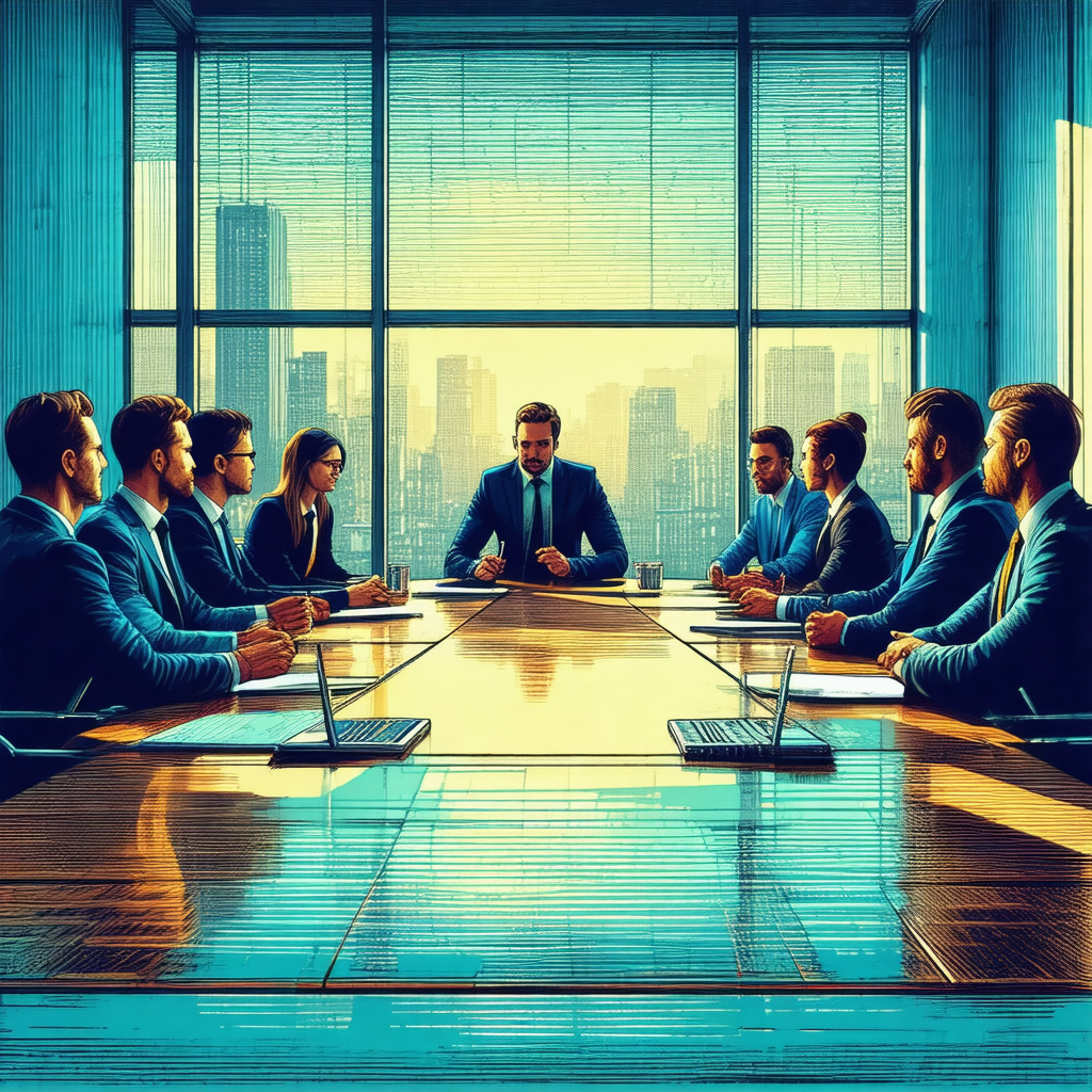 Group of business people gathered around a large conferen...