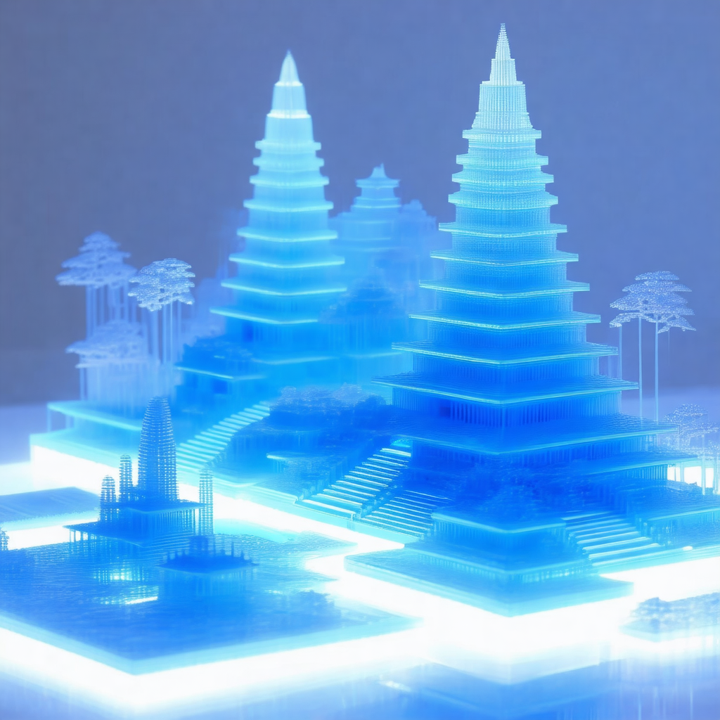 Blue, three-dimensional model of a forest with a variety ...