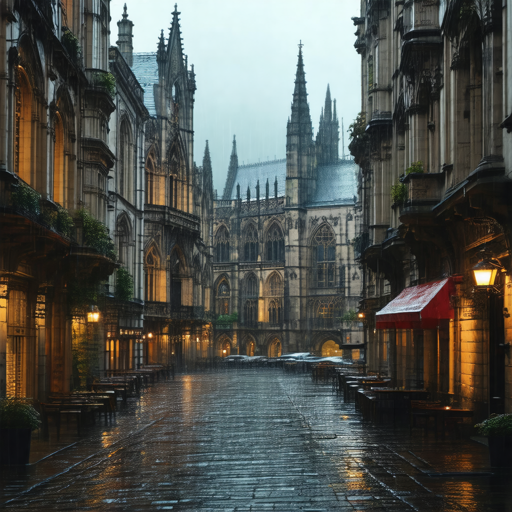 Narrow street in a city, with a large building on one sid...