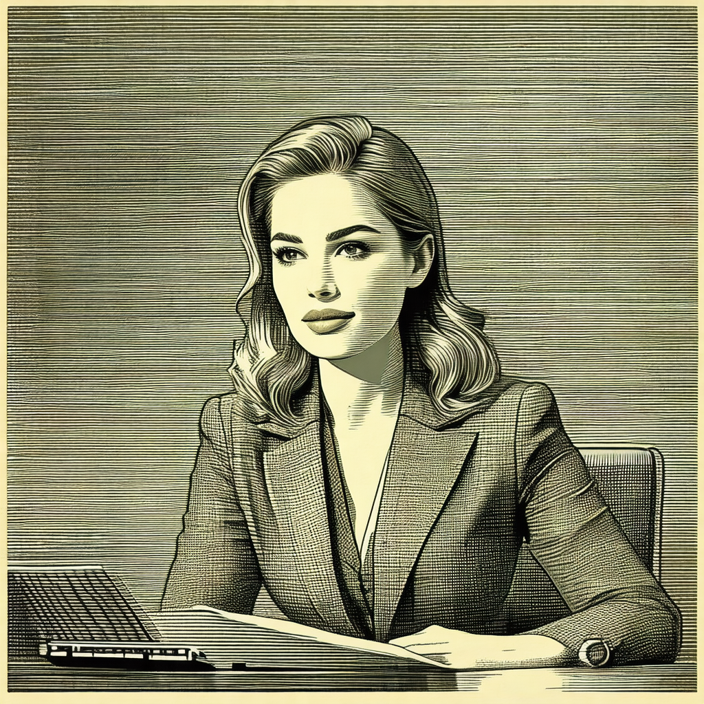 Black and white drawing of a woman sitting at a desk