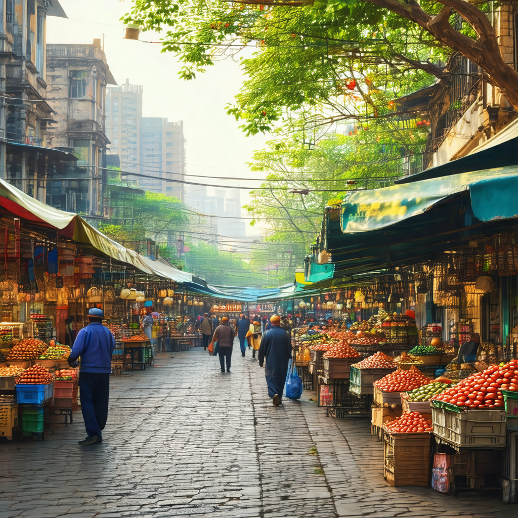 Bustling outdoor market filled with people and various fr...