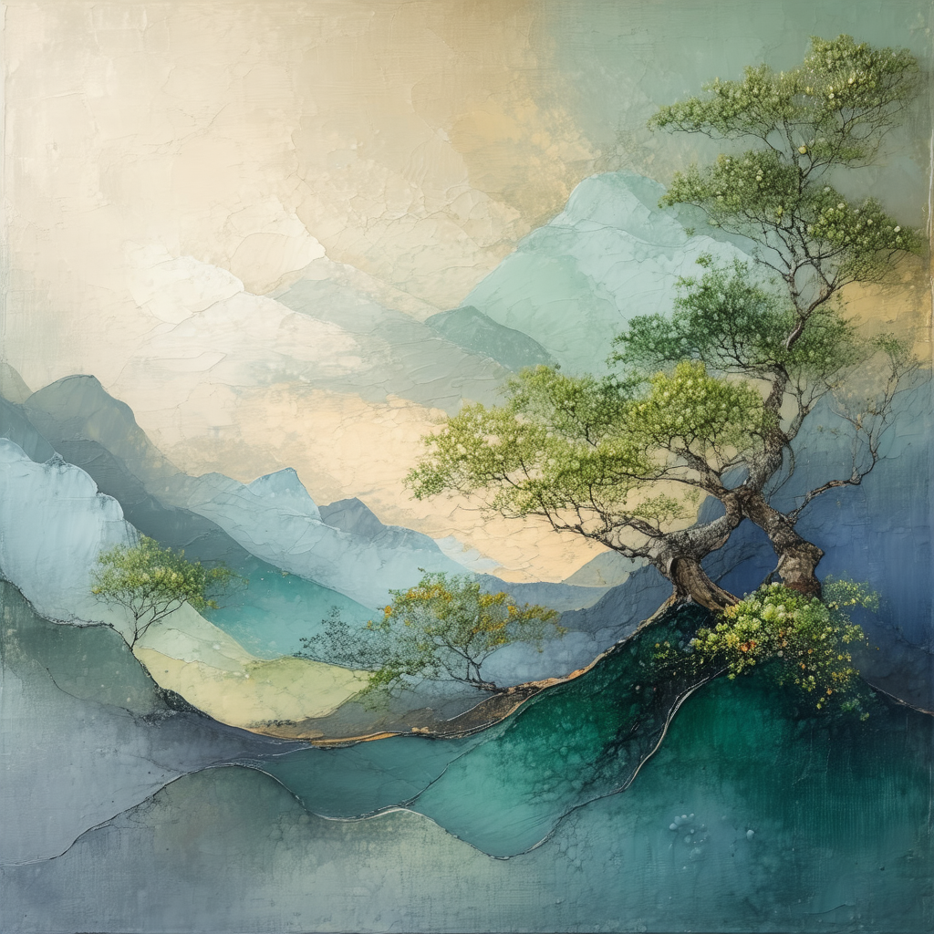 Beautiful painting of a tree on a hillside, surrounded by...